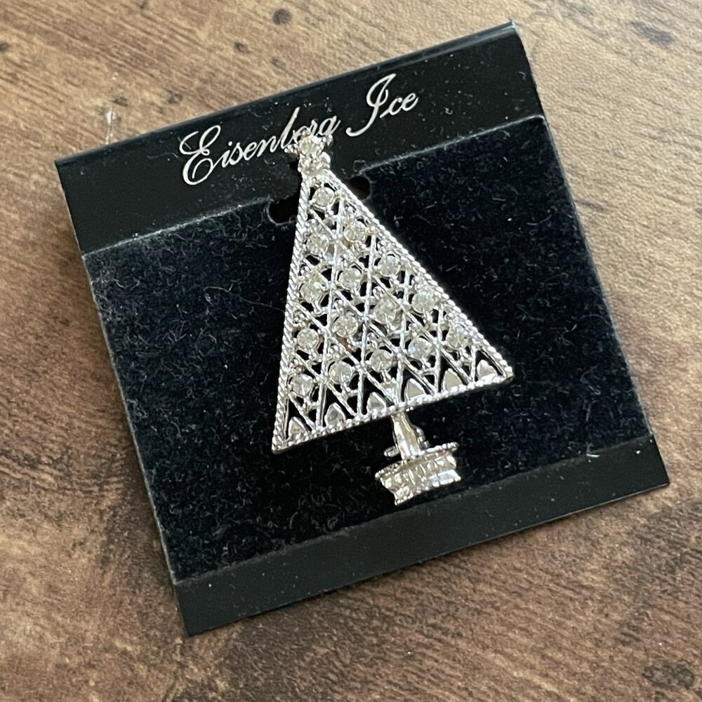Vintage Eisenberg Ice Christmas Tree Pin Silver Tone Rhinestone Brooch Holiday